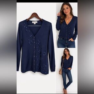August Max Woman Navy Embroidered Cardigan XS Floral Beaded Sweater NWT